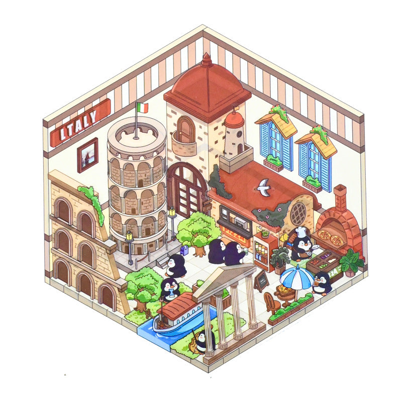 Penguin World Tour DIY 3D Scene Stickers 4 Cute Miniature Scenes