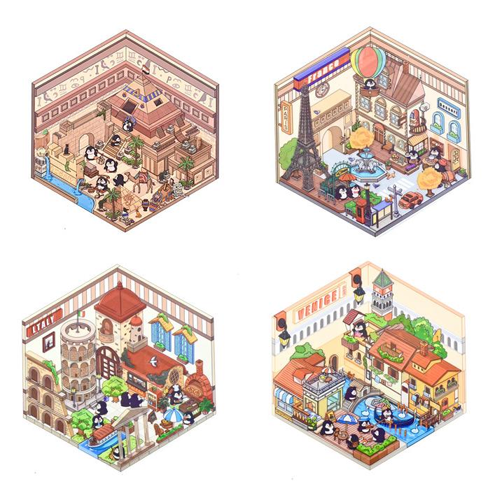 Penguin World Tour DIY 3D Scene Stickers 4 Cute Miniature Scenes