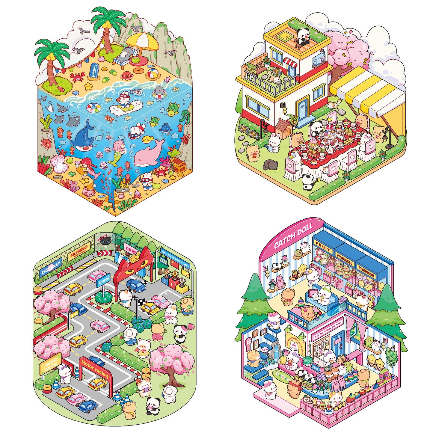 Animal Party DIY 3D Sticker Collection - 4 Cute Miniature Scenes